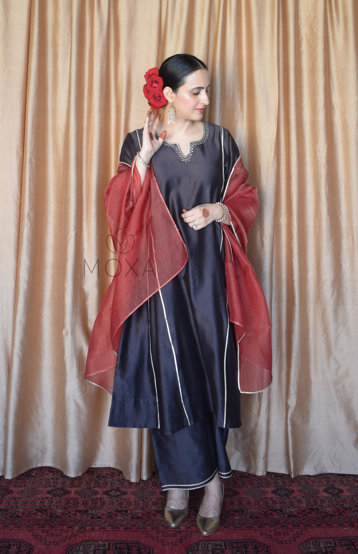 Charcoal Chanderi Set With Maroon Striped Silk Tissue Organza Dupatta