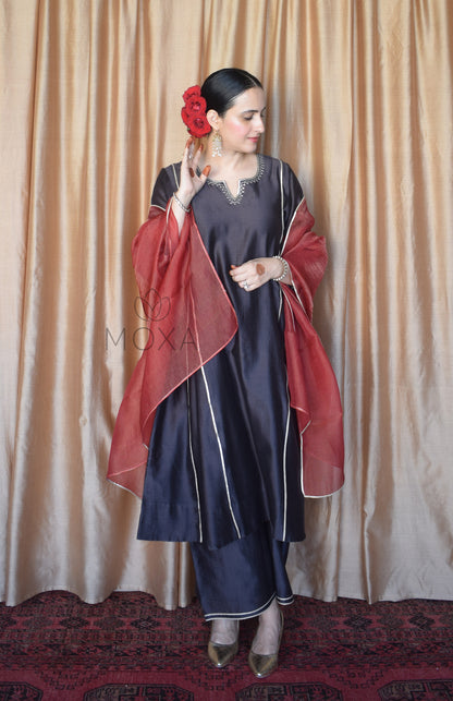 Charcoal Chanderi Set With Maroon Striped Silk Tissue Organza Dupatta