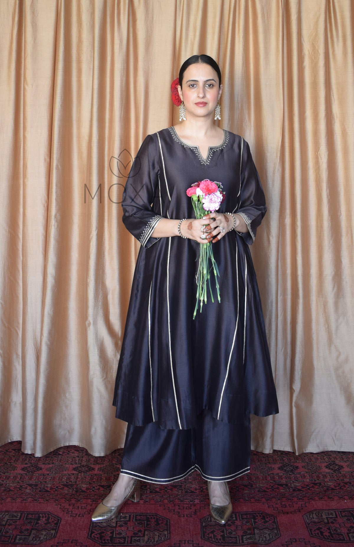 Charcoal Chanderi Hand Embroidered Kurta With Wide Legged Pajama