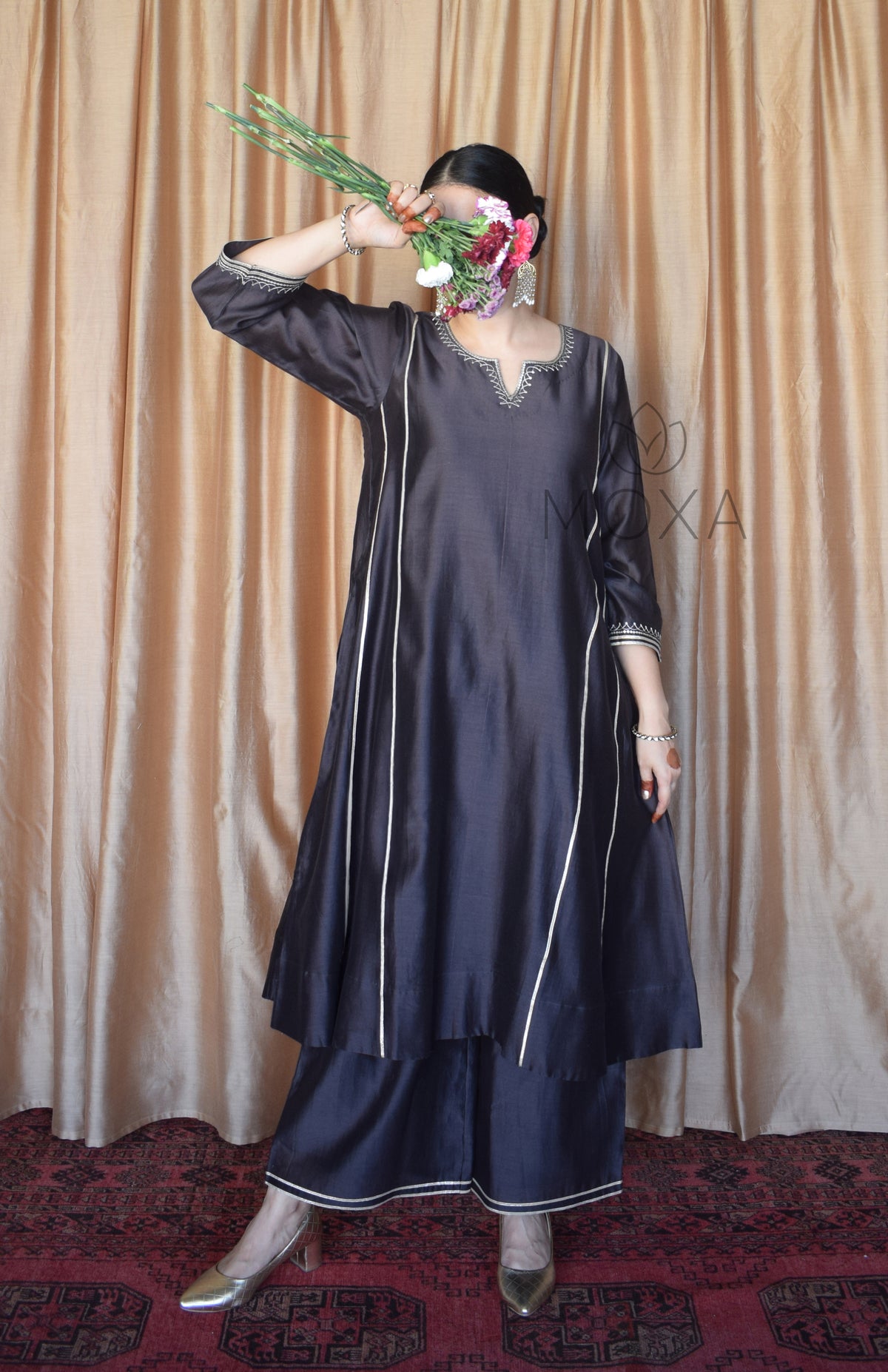 Charcoal Chanderi Hand Embroidered Kurta With Wide Legged Pajama