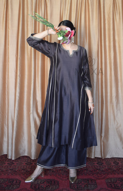 Charcoal Chanderi Hand Embroidered Kurta With Wide Legged Pajama
