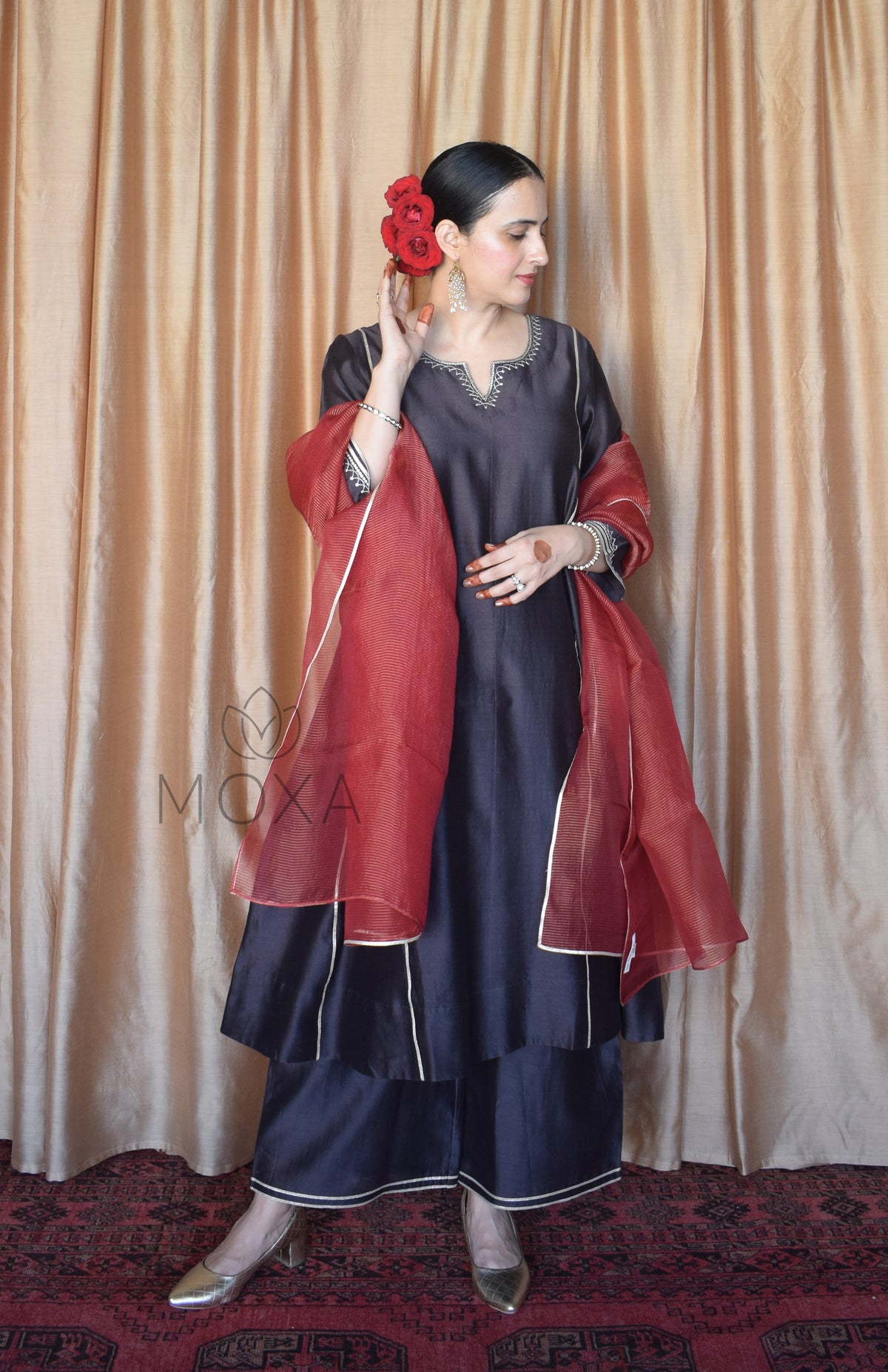Charcoal Chanderi Set With Maroon Striped Silk Tissue Organza Dupatta