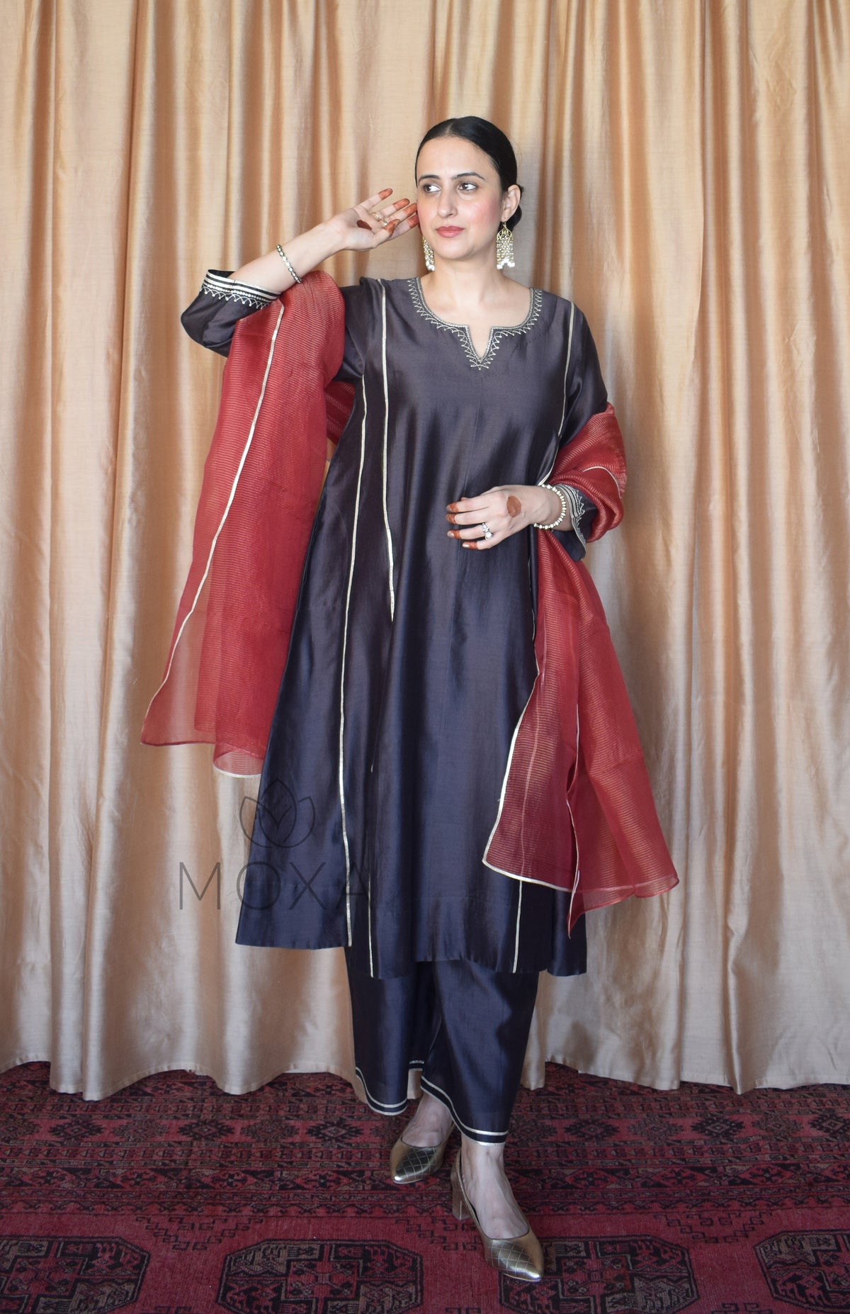 Charcoal Chanderi Set With Maroon Striped Silk Tissue Organza Dupatta