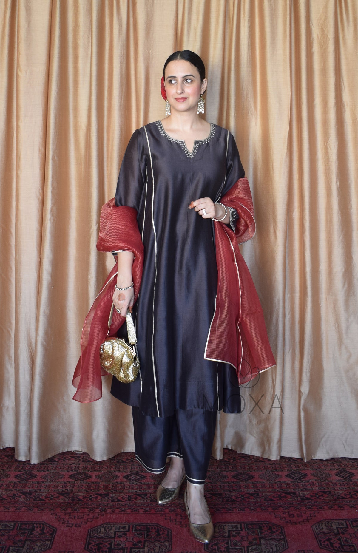 Charcoal Chanderi Hand Embroidered Kurta With Wide Legged Pajama