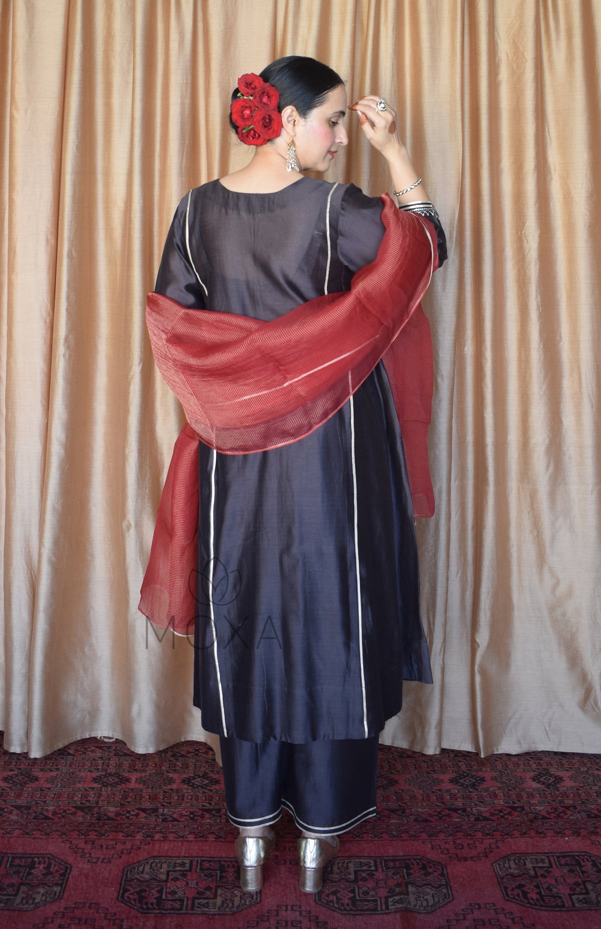 Charcoal Chanderi Set With Maroon Striped Silk Tissue Organza Dupatta