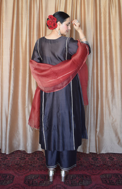 Charcoal Chanderi Set With Maroon Striped Silk Tissue Organza Dupatta