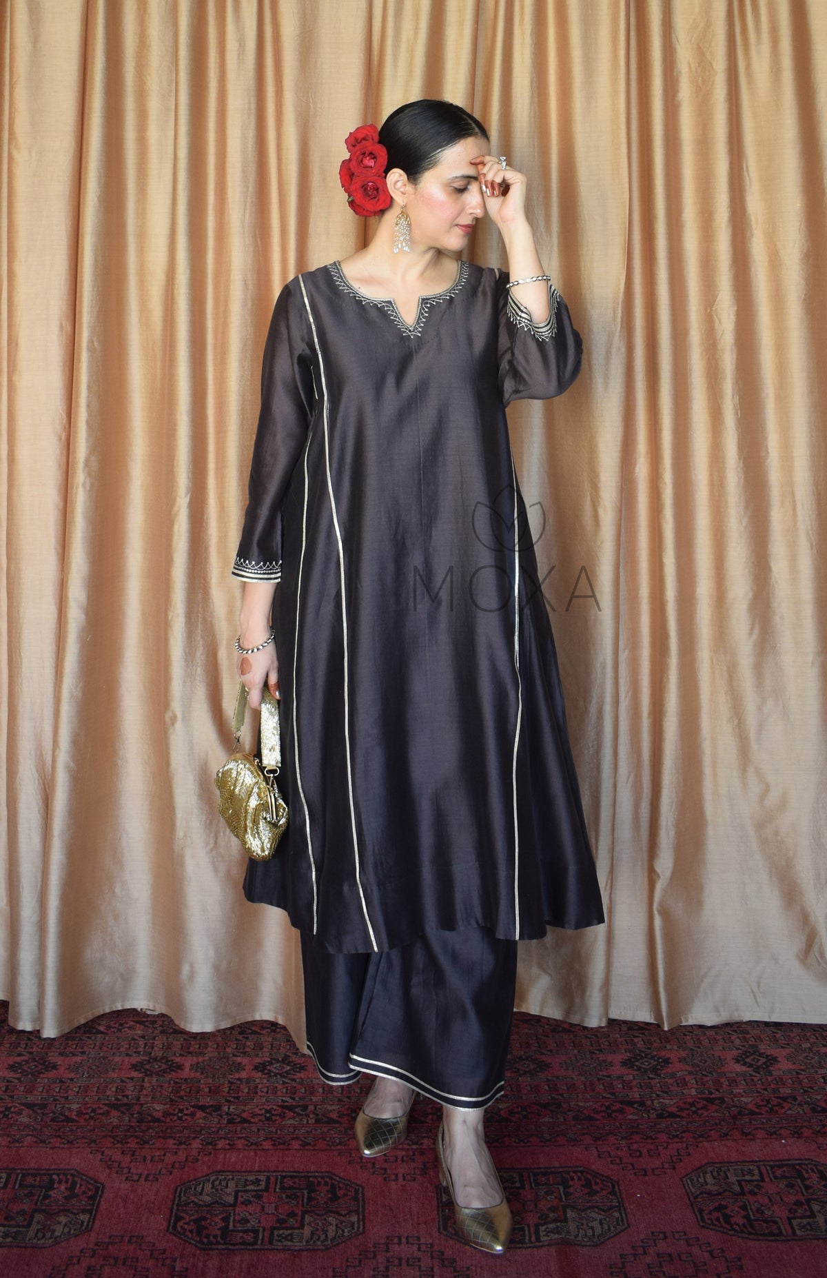 Charcoal Chanderi Hand Embroidered Kurta With Wide Legged Pajama