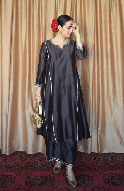 Charcoal Chanderi Hand Embroidered Kurta With Wide Legged Pajama