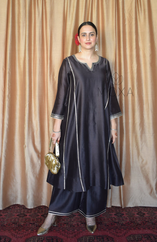 Charcoal Chanderi Hand Embroidered Kurta With Wide Legged Pajama