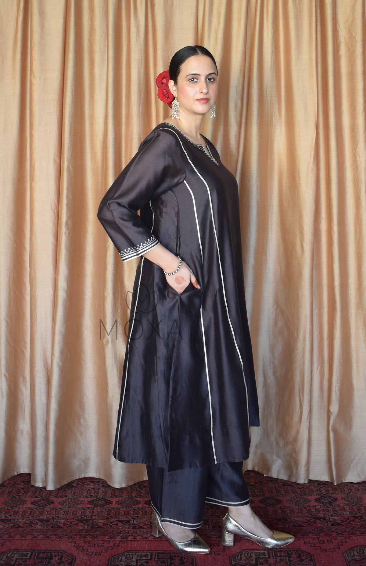 Charcoal Chanderi Hand Embroidered Kurta With Wide Legged Pajama