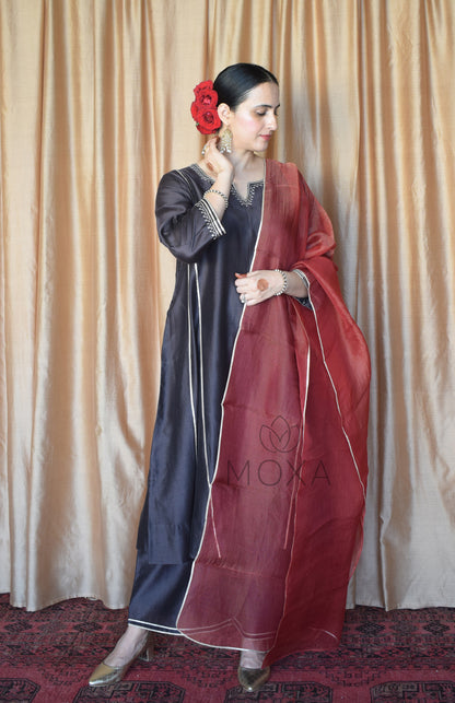 Maroon Striped Organza Dupatta With Off White Striped Chanderi Scallop Pajama - Set of 2