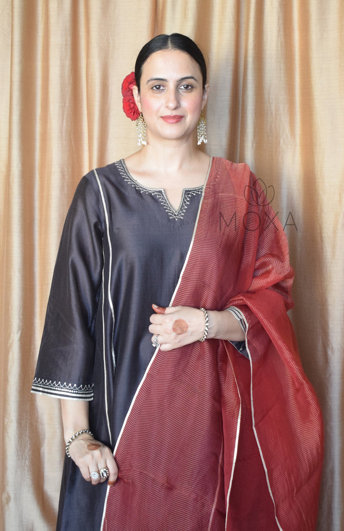 Maroon Striped Tissue Organza Dupatta