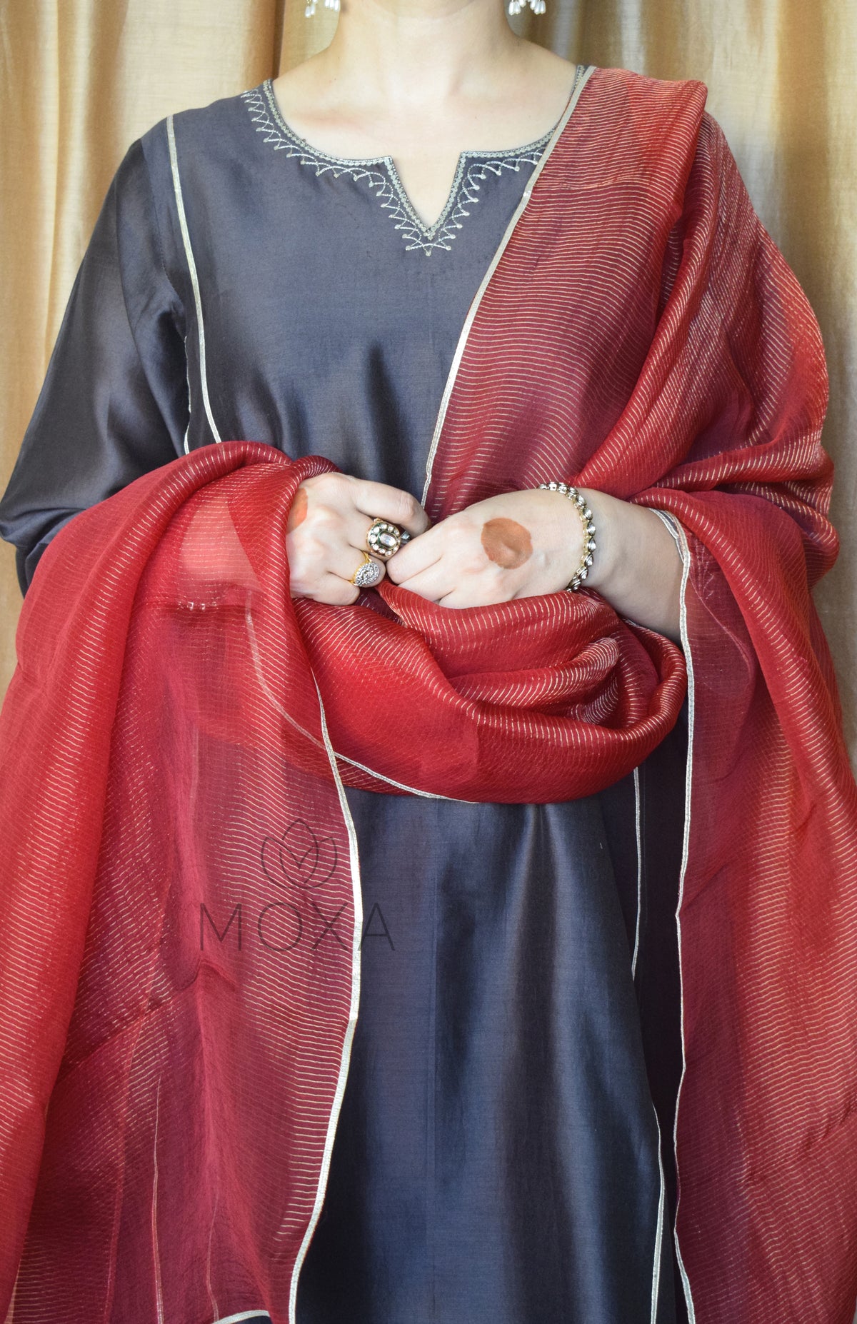 Maroon Striped Organza Dupatta With Off White Striped Chanderi Scallop Pajama - Set of 2