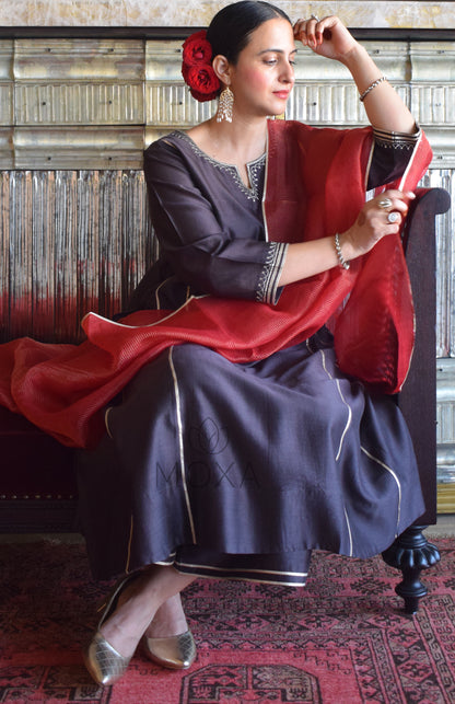 Charcoal Chanderi Set With Maroon Striped Silk Tissue Organza Dupatta