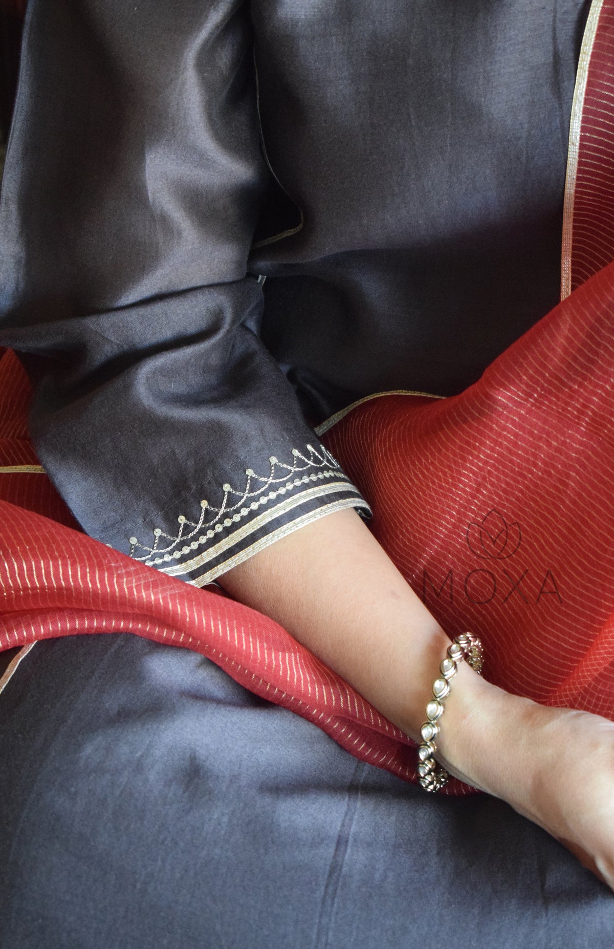 Charcoal Chanderi Set With Maroon Striped Silk Tissue Organza Dupatta