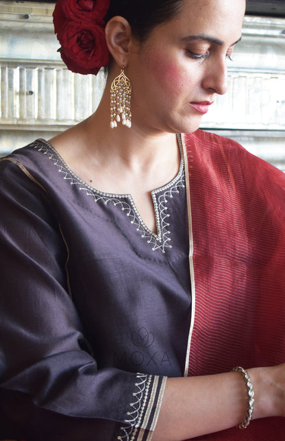 Charcoal Chanderi Set With Maroon Striped Silk Tissue Organza Dupatta