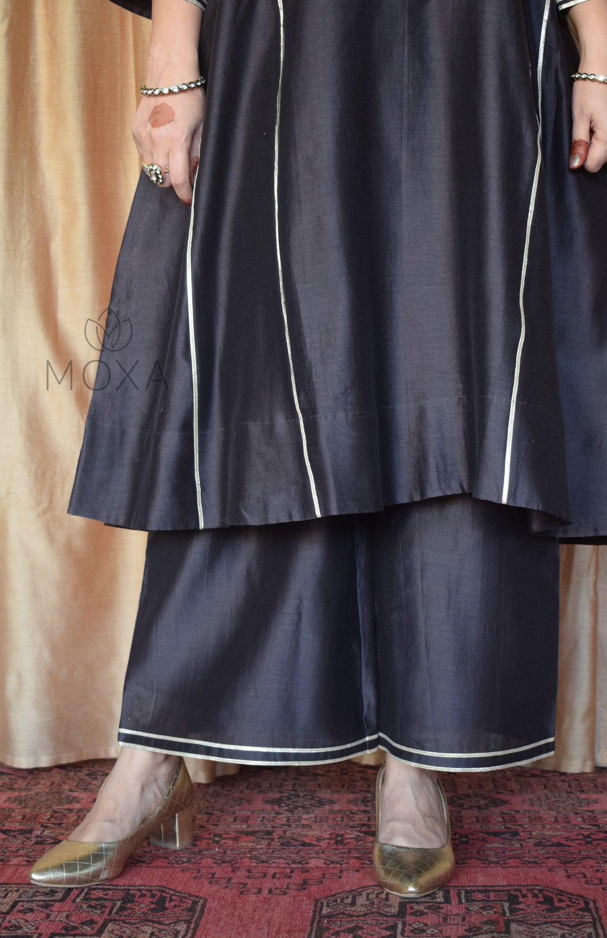 Charcoal Chanderi Set With Maroon Striped Silk Tissue Organza Dupatta