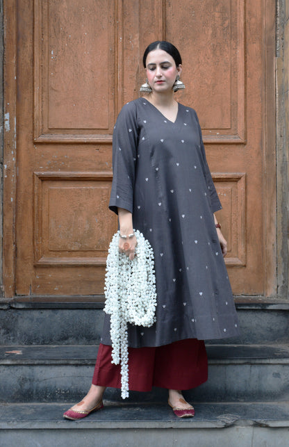 Charcoal Jamdani Phiran with Maroon Pyjama