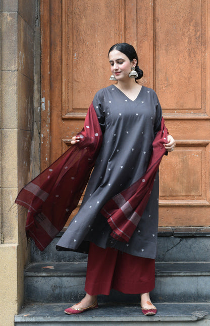 Charcoal Jamdani Phiran with Maroon Pyjama