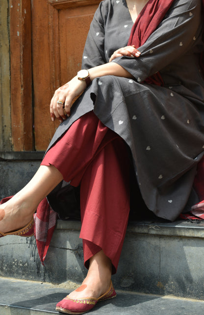 Charcoal Jamdani Phiran with Maroon Pyjama