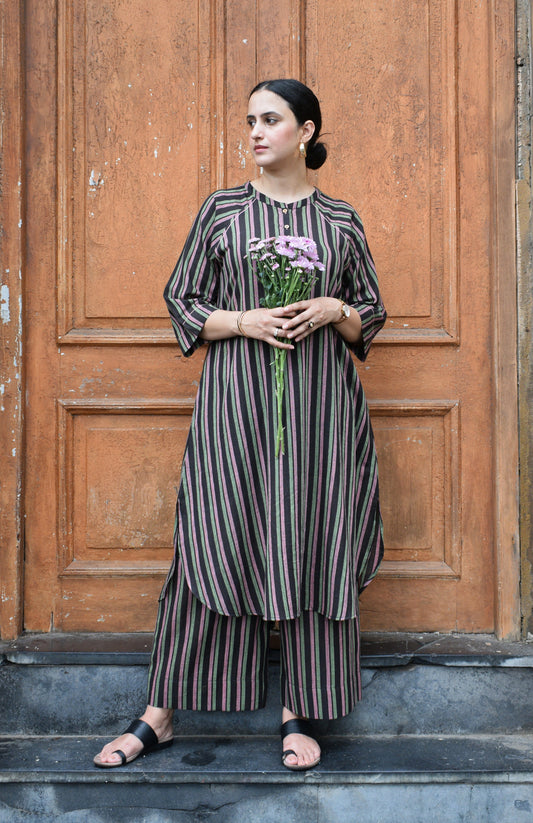 Charcoal Handwoven Striped Co-ord set with Raglan Sleeves and Wide Legged Pyjama