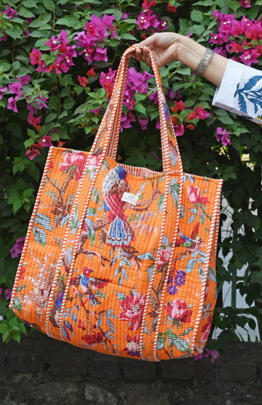 Orange Cotton Printed Quilted Tote bag