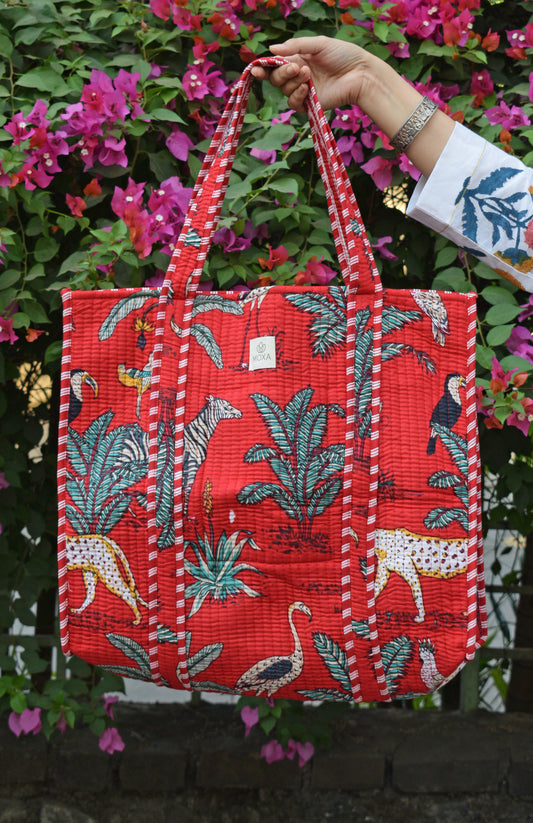 Red Cotton Printed Quilted Tote Bag