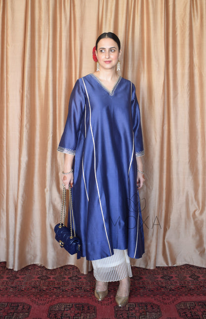 Denim Blue Hand Embroidered Chanderi Kurta With Off White Striped Chanderi Scallop Pajama