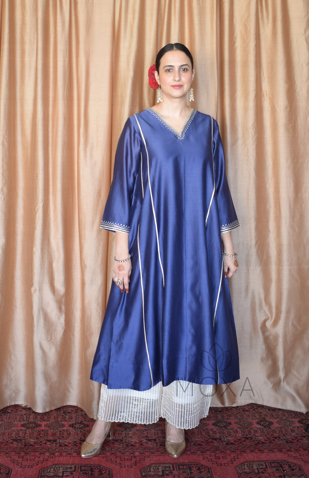 Denim Blue Hand Embroidered Chanderi Kurta With Off White Striped Chanderi Scallop Pajama