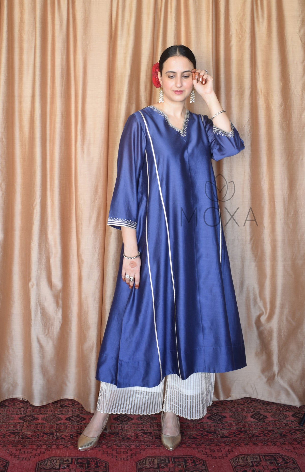 Denim Blue Hand Embroidered Chanderi Kurta With Off White Striped Chanderi Scallop Pajama