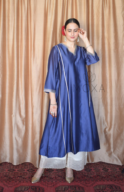 Denim Blue Hand Embroidered Chanderi Kurta With Off White Striped Chanderi Scallop Pajama
