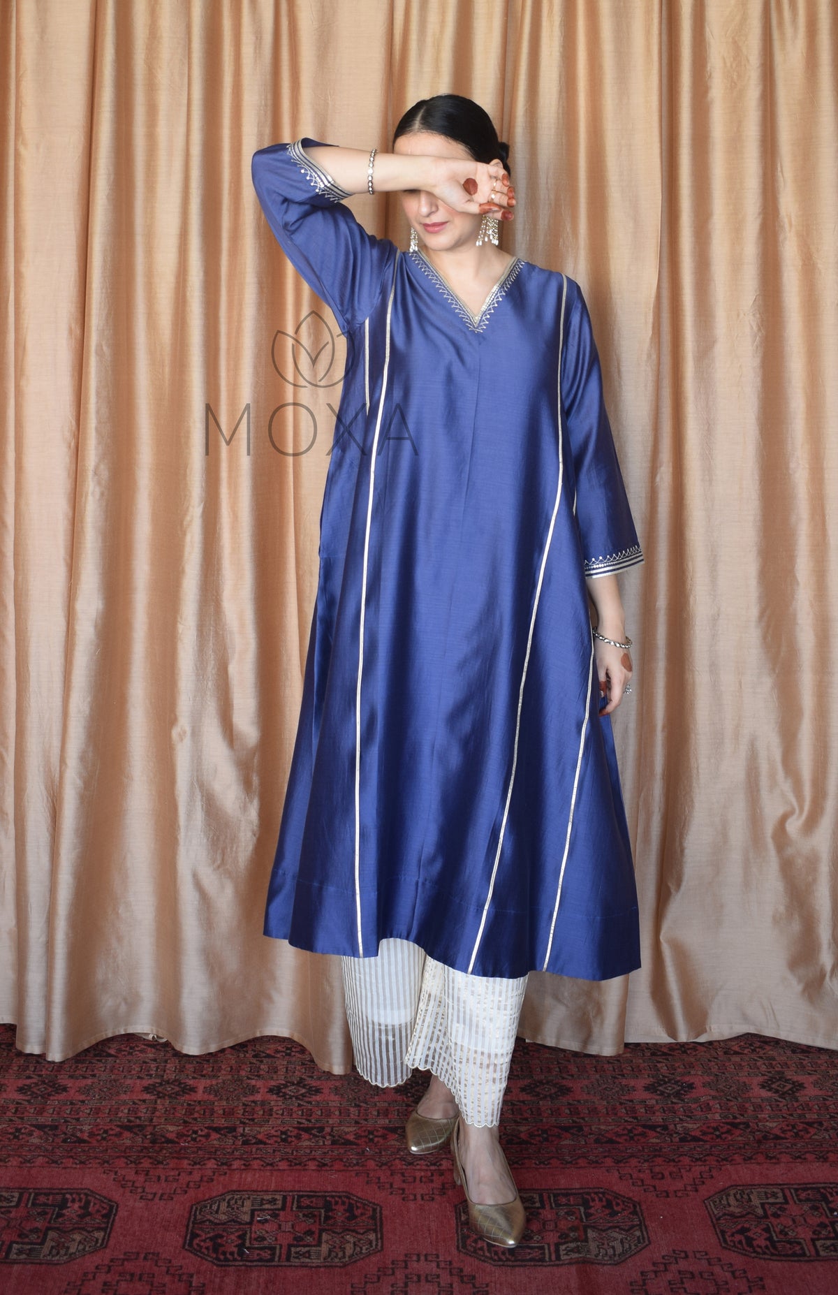 Denim Blue Hand Embroidered Chanderi Kurta With Off White Striped Chanderi Scallop Pajama
