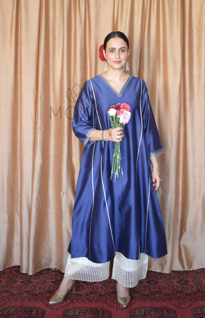 Denim Blue Hand Embroidered Chanderi Kurta With Off White Striped Chanderi Scallop Pajama