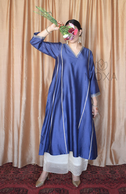 Denim Blue Hand Embroidered Chanderi Kurta With Off White Striped Chanderi Scallop Pajama