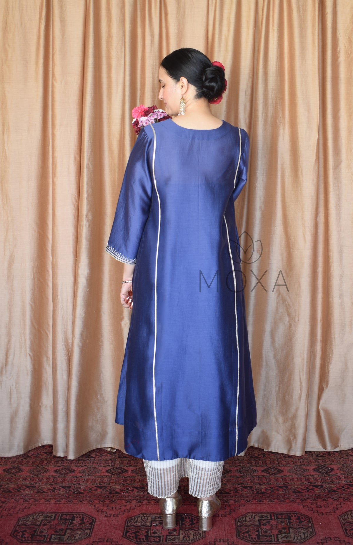 Denim Blue Hand Embroidered Chanderi Kurta With Off White Striped Chanderi Scallop Pajama