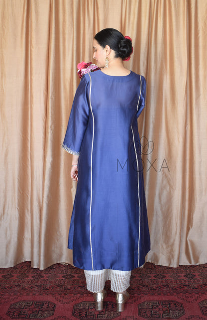 Denim Blue Hand Embroidered Chanderi Kurta With Off White Striped Chanderi Scallop Pajama