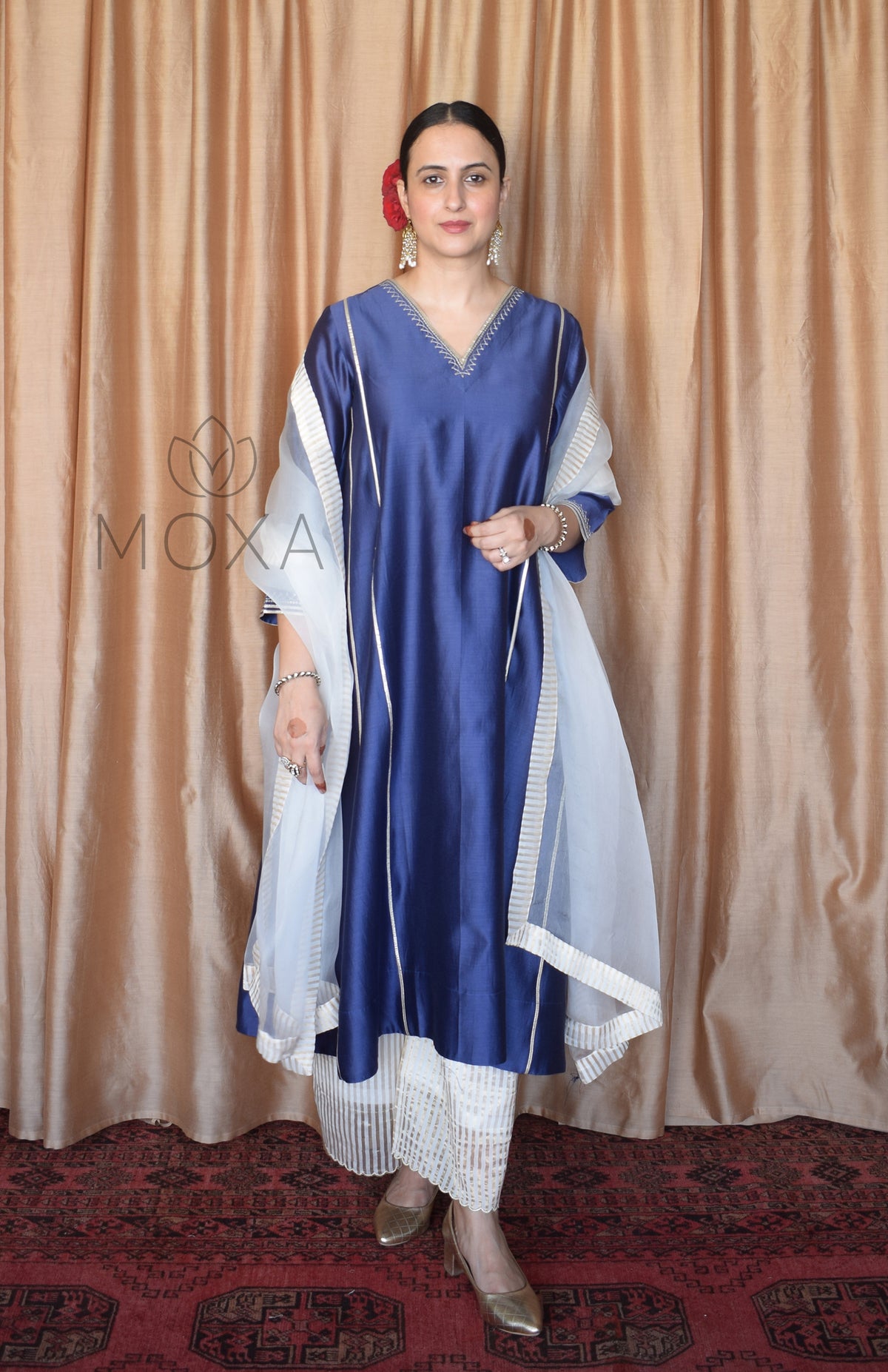 Denim Blue Hand Embroidered Chanderi Kurta With Off White Striped Chanderi Scallop Pajama