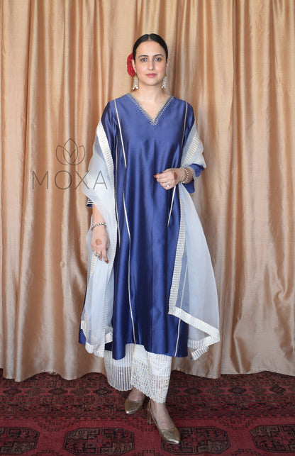 Denim Blue Hand Embroidered Chanderi Kurta With Off White Striped Chanderi Scallop Pajama