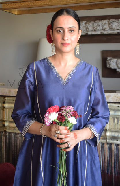 Denim Blue Hand Embroidered Chanderi Kurta With Off White Striped Chanderi Scallop Pajama