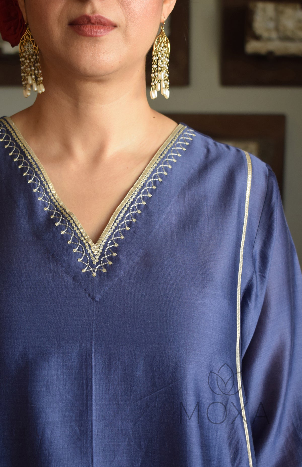 Denim Blue Hand Embroidered Chanderi Kurta With Off White Striped Chanderi Scallop Pajama