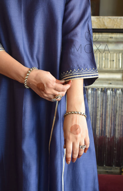 Denim Blue Hand Embroidered Chanderi Kurta With Off White Striped Chanderi Scallop Pajama