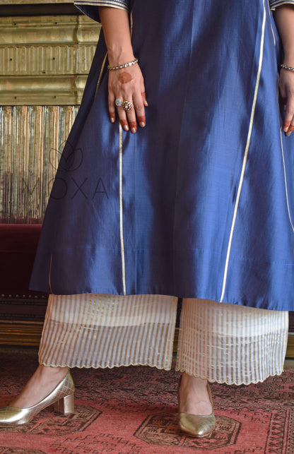 Denim Blue Hand Embroidered Chanderi Kurta With Off White Striped Chanderi Scallop Pajama