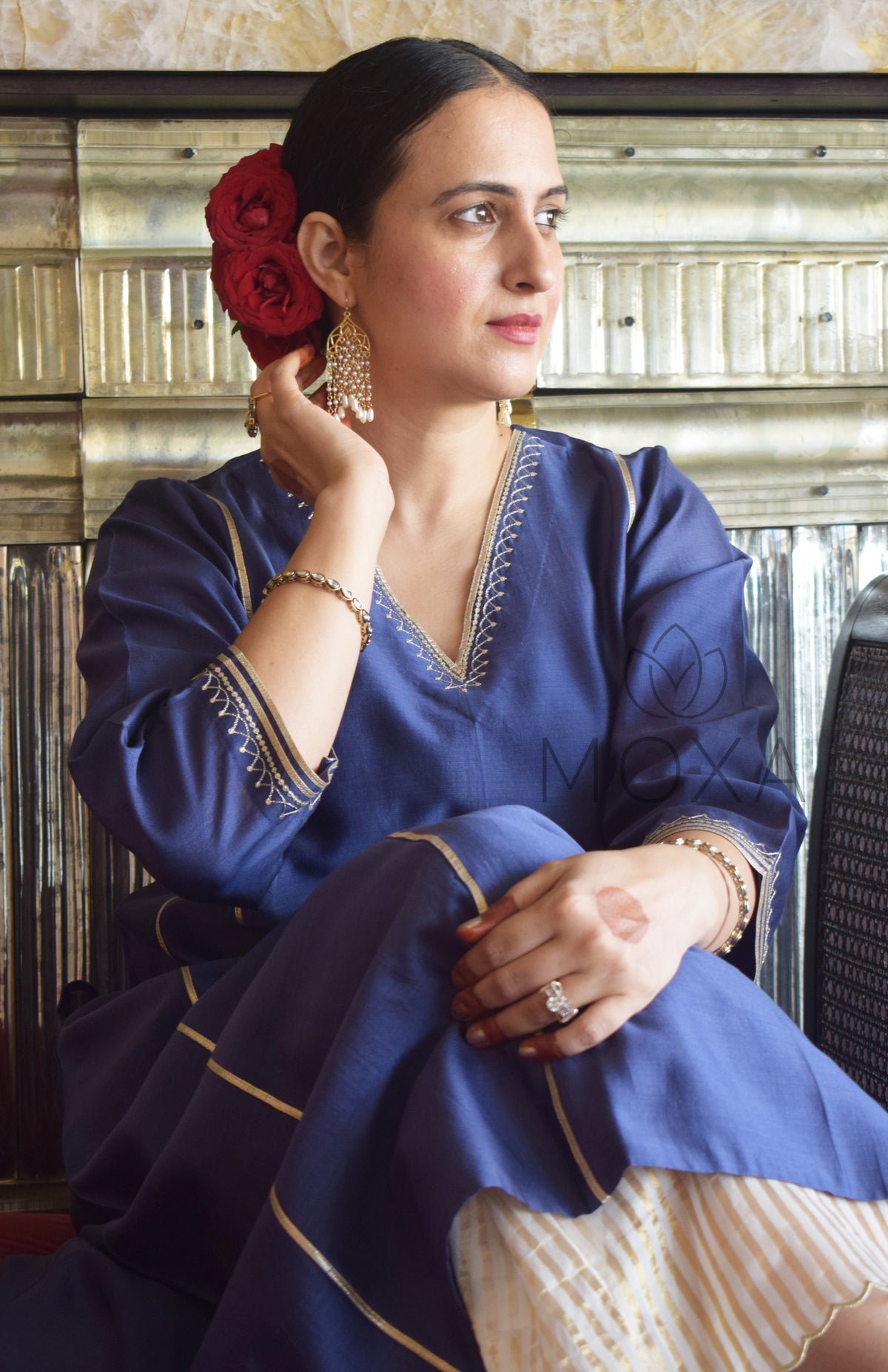 Denim Blue Hand Embroidered Chanderi Kurta With Off White Striped Chanderi Scallop Pajama