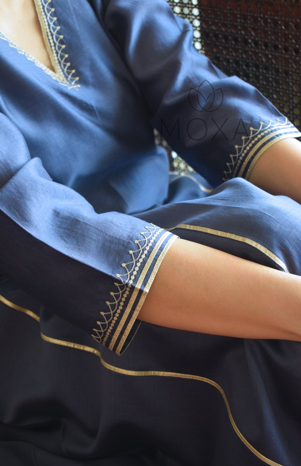 Denim Blue Chanderi Kurta Set With Off White Organza Dupatta