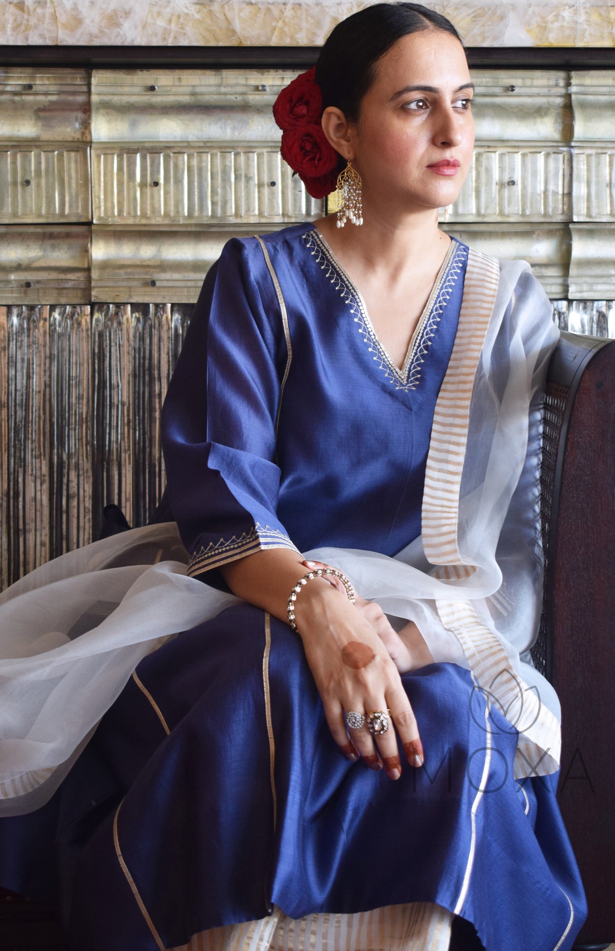 Denim Blue Hand Embroidered Chanderi Kurta With Off White Striped Chanderi Scallop Pajama