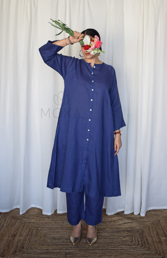 Denim Blue Linen Kurta with Raglan Sleeves and Placket