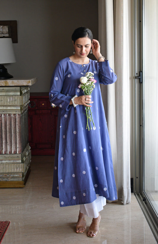 Denim Blue Jamdani Polka Dot Kurta with White pyjama