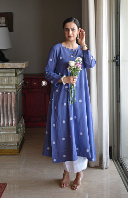 Denim Blue Jamdani Polka Dot Kurta with White pyjama