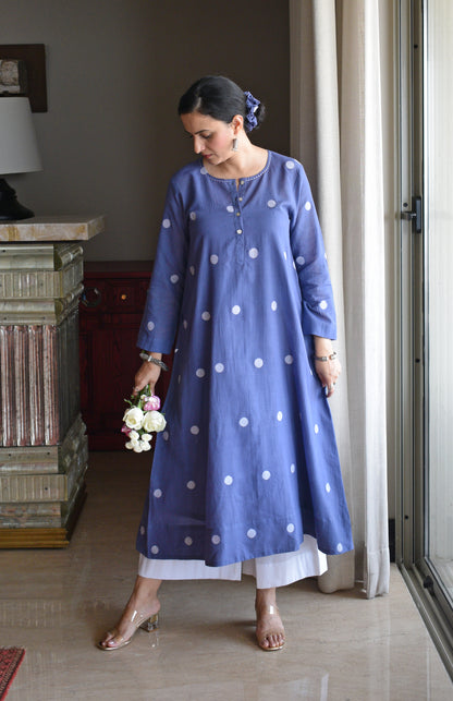 Denim Blue Jamdani Polka Dot Kurta with White pyjama