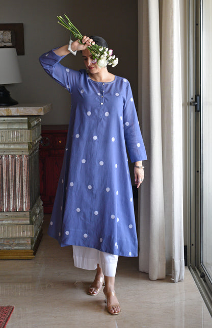 Denim Blue Jamdani Polka Dot Kurta with White pyjama